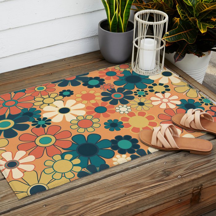 Pretty Groovy Retro Garden 60s 70s Aesthetic Floral Pattern in 1970s Orange Teal Blue and Yellow Outdoor Rug Gallery Image 2