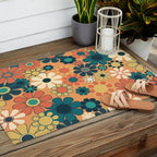 Pretty Groovy Retro Garden 60s 70s Aesthetic Floral Pattern in 1970s Orange Teal Blue and Yellow Outdoor Rug Gallery Image 2