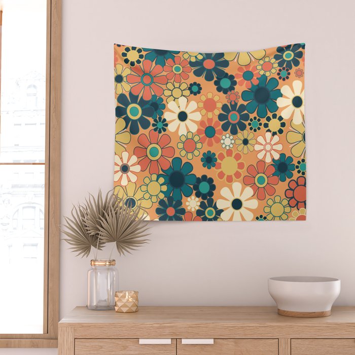 Pretty Groovy Retro Garden 60s 70s Aesthetic Floral Pattern in 1970s Orange Teal Blue and Yellow Wall Tapestry Gallery Image 2