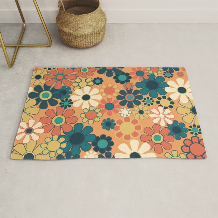 Pretty Groovy Retro Garden 60s 70s Aesthetic Floral Pattern in 1970s Orange Teal Blue and Yellow Rug Gallery Image 1