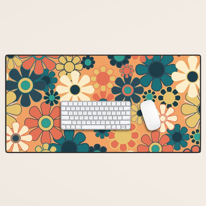 Pretty Groovy Retro Garden 60s 70s Aesthetic Floral Pattern in 1970s Orange Teal Blue and Yellow Desk Mat Gallery Image 1