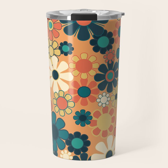 Pretty Groovy Retro Garden 60s 70s Aesthetic Floral Pattern in 1970s Orange Teal Blue and Yellow Travel Mug Gallery Image 1