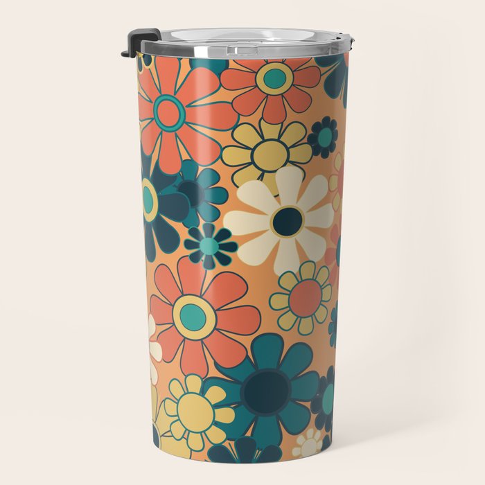 Pretty Groovy Retro Garden 60s 70s Aesthetic Floral Pattern in 1970s Orange Teal Blue and Yellow Travel Mug Gallery Image 3