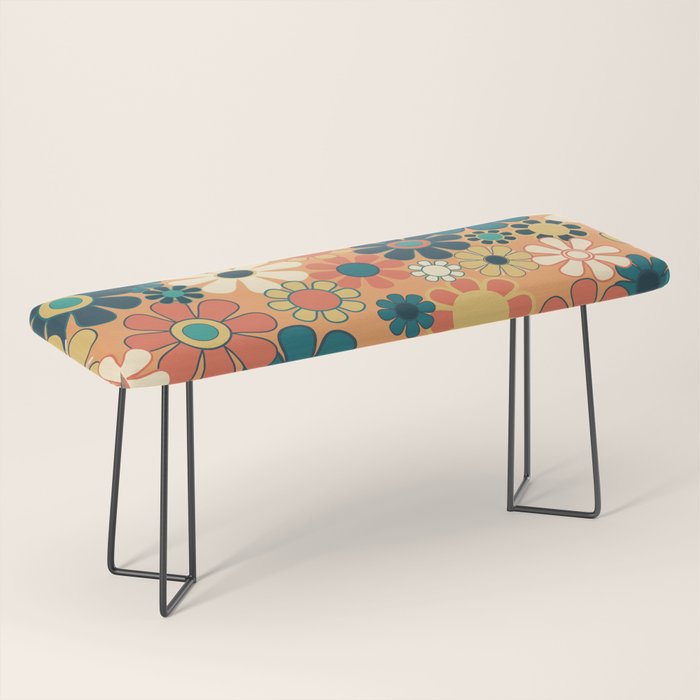Pretty Groovy Retro Garden 60s 70s Aesthetic Floral Pattern in 1970s Orange Teal Blue and Yellow Bench Gallery Image 1