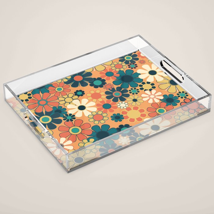 Pretty Groovy Retro Garden 60s 70s Aesthetic Floral Pattern in 1970s Orange Teal Blue and Yellow Acrylic Tray Gallery Image 1
