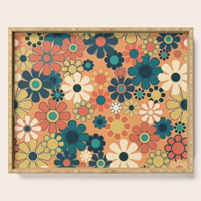 Pretty Groovy Retro Garden 60s 70s Aesthetic Floral Pattern in 1970s Orange Teal Blue and Yellow Serving Tray Gallery Image 1