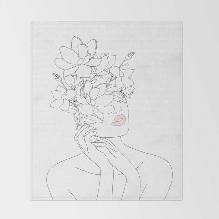 Minimal Line Art Woman with Magnolia Throw Blanket Gallery Image 2