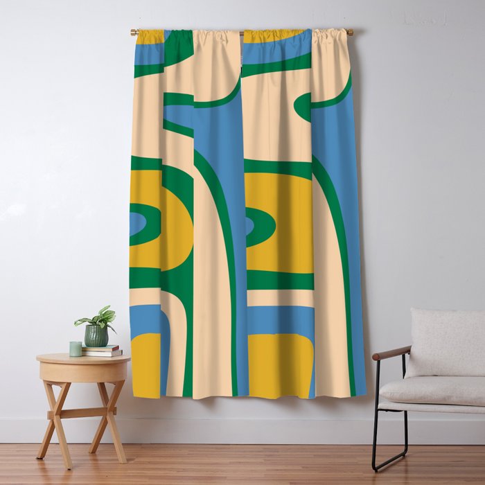 Retro Copacetic Abstract Pattern Blue Green Mustard Window Curtain Gallery Image 1