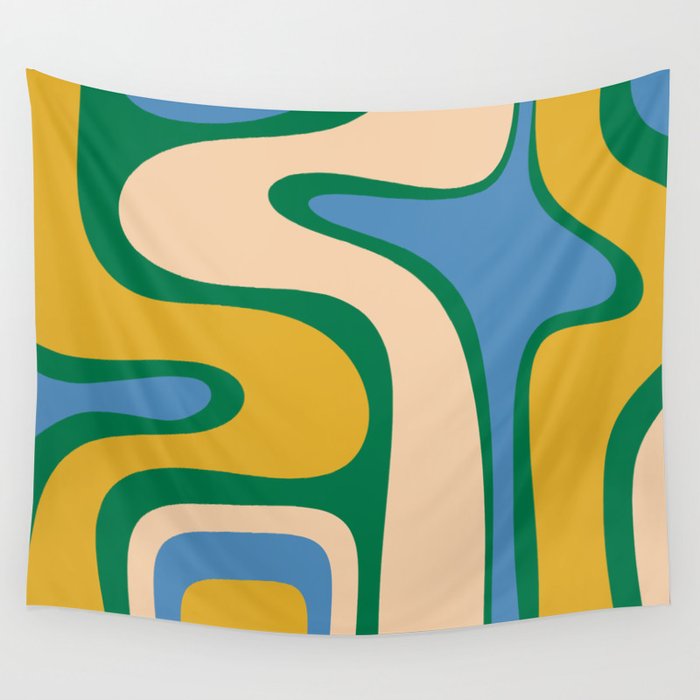 Retro Copacetic Abstract Pattern Blue Green Mustard Wall Tapestry Gallery Image 1