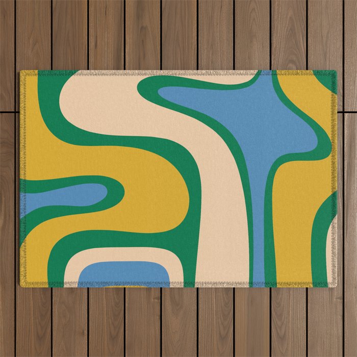 Retro Copacetic Abstract Pattern Blue Green Mustard Outdoor Rug Gallery Image 1