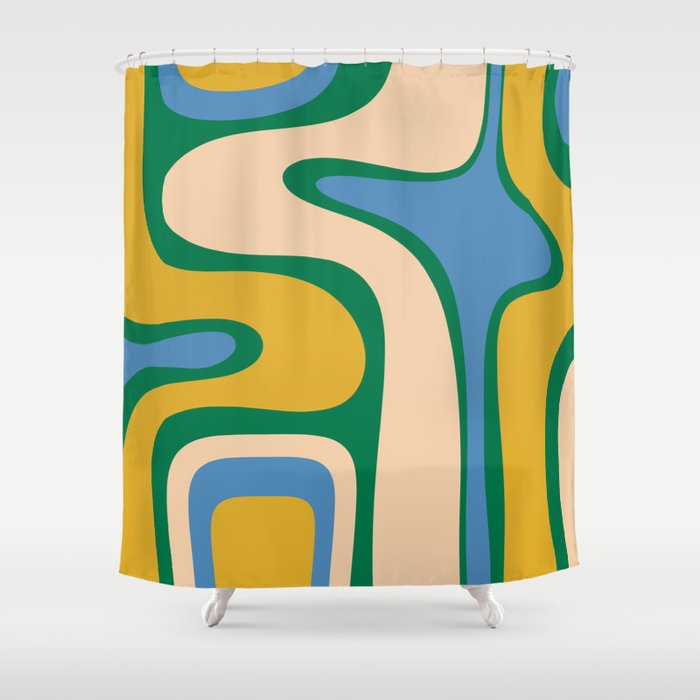 Retro Copacetic Abstract Pattern Blue Green Mustard Shower Curtain Gallery Image 1