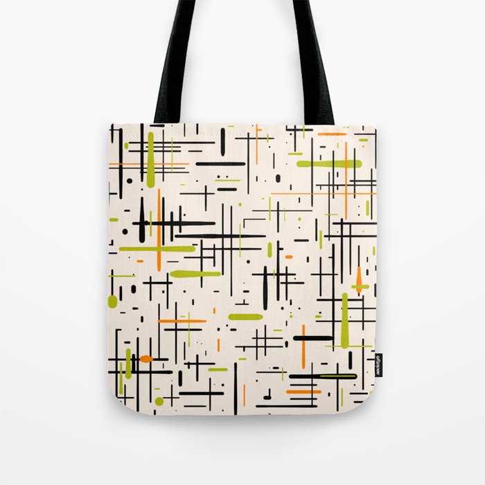  Mid-Century Modern Kinetikos Pattern in Cream, Black, Lime Green, and Orange Tote Bag Gallery Image 1