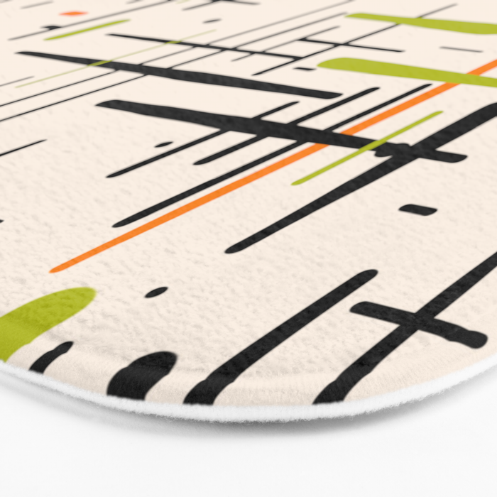  Mid-Century Modern Kinetikos Pattern in Cream, Black, Lime Green, and Orange Bath Mat Gallery Image 3