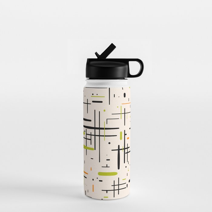  Mid-Century Modern Kinetikos Pattern in Cream, Black, Lime Green, and Orange Water Bottle Gallery Image 1