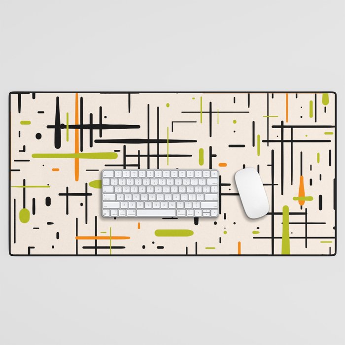  Mid-Century Modern Kinetikos Pattern in Cream, Black, Lime Green, and Orange Desk Mat Gallery Image 1