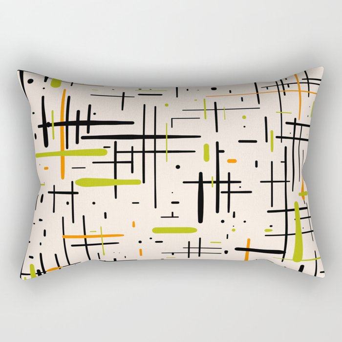  Mid-Century Modern Kinetikos Pattern in Cream, Black, Lime Green, and Orange Rectangular Pillow Gallery Image 1