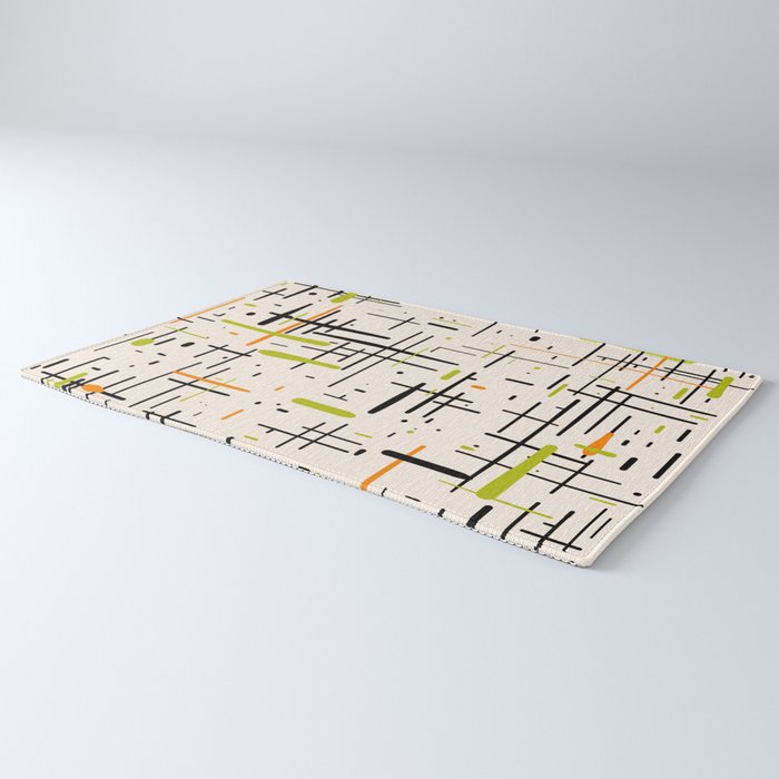  Mid-Century Modern Kinetikos Pattern in Cream, Black, Lime Green, and Orange Rug Gallery Image 3