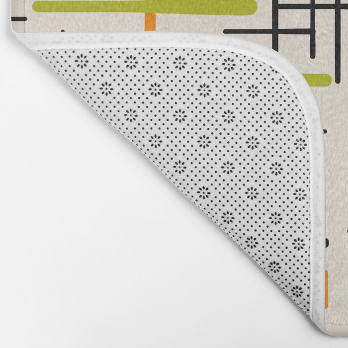 Mid-Century Modern Kinetikos Pattern in Cream, Black, Lime Green, and Orange Bath Mat Gallery Image 2