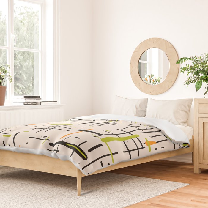 Mid-Century Modern Kinetikos Pattern in Cream, Black, Lime Green, and Orange Duvet Cover Gallery Image 2
