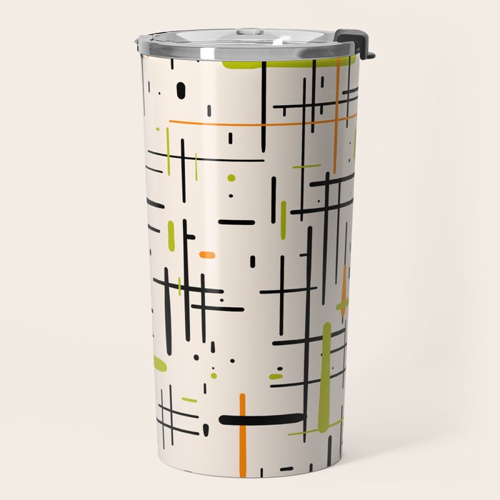  Mid-Century Modern Kinetikos Pattern in Cream, Black, Lime Green, and Orange Travel Mug Gallery Image 2