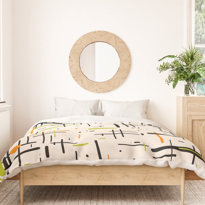  Mid-Century Modern Kinetikos Pattern in Cream, Black, Lime Green, and Orange Duvet Cover Gallery Image 3