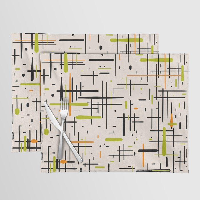  Mid-Century Modern Kinetikos Pattern in Cream, Black, Lime Green, and Orange Placemat Gallery Image 1