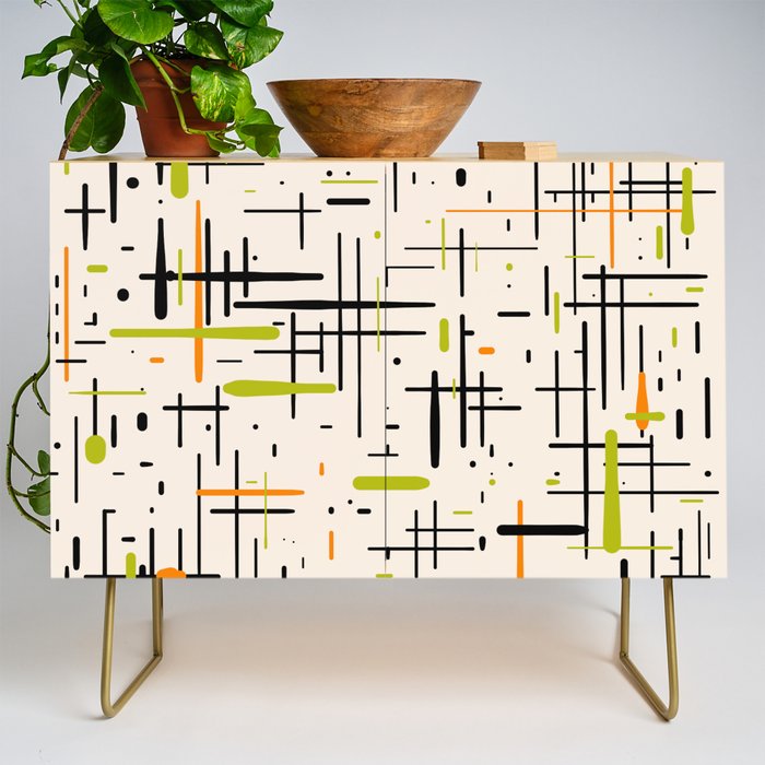  Mid-Century Modern Kinetikos Pattern in Cream, Black, Lime Green, and Orange Credenza Gallery Image 1