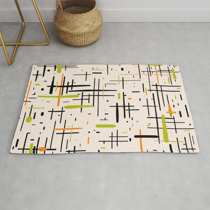  Mid-Century Modern Kinetikos Pattern in Cream, Black, Lime Green, and Orange Rug Gallery Image 1