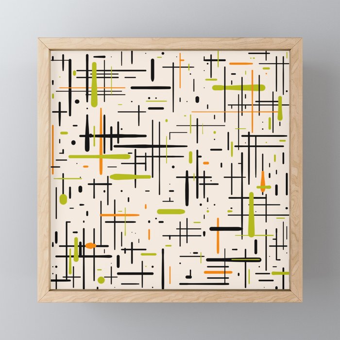  Mid-Century Modern Kinetikos Pattern in Cream, Black, Lime Green, and Orange Mini Art Print Gallery Image 1