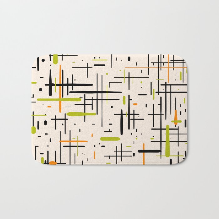  Mid-Century Modern Kinetikos Pattern in Cream, Black, Lime Green, and Orange Bath Mat Gallery Image 1