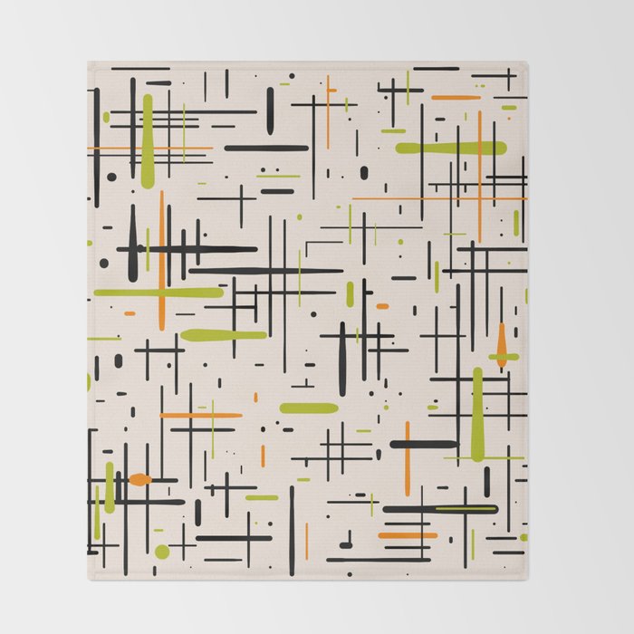  Mid-Century Modern Kinetikos Pattern in Cream, Black, Lime Green, and Orange Throw Blanket Gallery Image 2