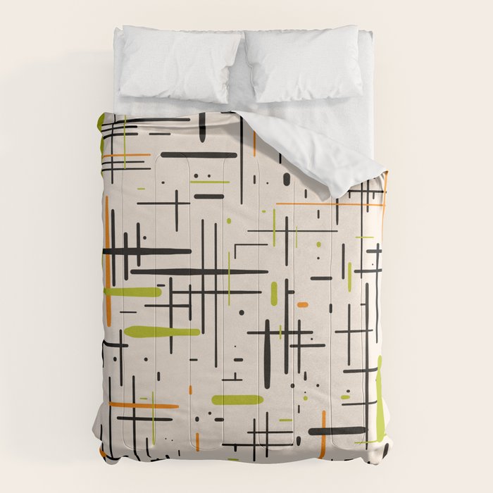  Mid-Century Modern Kinetikos Pattern in Cream, Black, Lime Green, and Orange Comforter Gallery Image 6