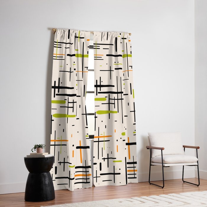 Mid-Century Modern Kinetikos Pattern in Cream, Black, Lime Green, and Orange Window Curtain Gallery Image 2