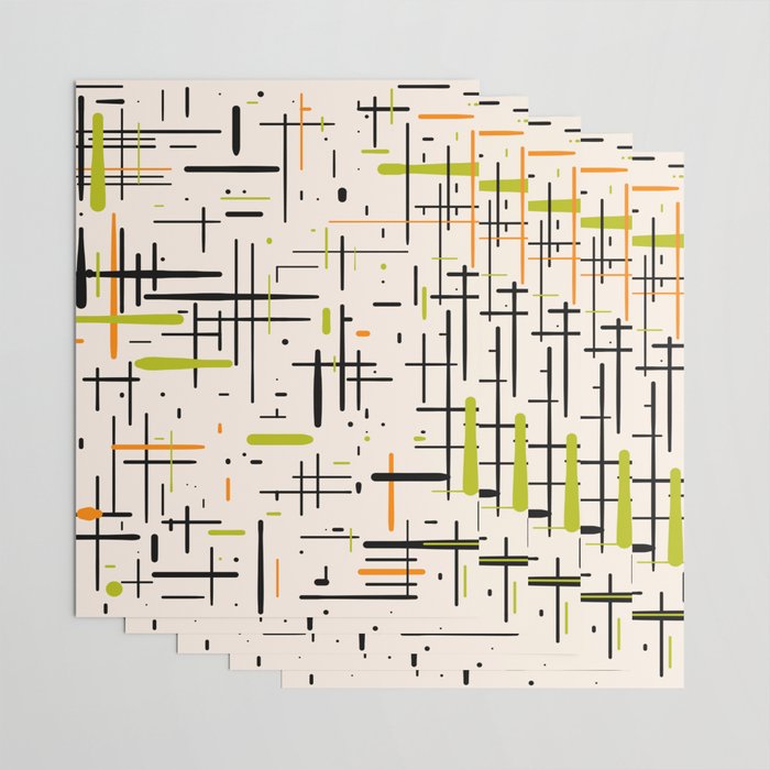  Mid-Century Modern Kinetikos Pattern in Cream, Black, Lime Green, and Orange Wrapping Paper Gallery Image 3