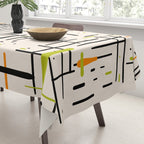 Mid-Century Modern Kinetikos Pattern in Cream, Black, Lime Green, and Orange Tablecloth Gallery Image 3