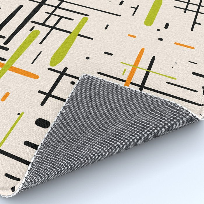  Mid-Century Modern Kinetikos Pattern in Cream, Black, Lime Green, and Orange Rug Gallery Image 4