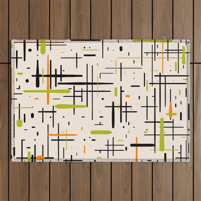 Mid-Century Modern Kinetikos Pattern in Cream, Black, Lime Green, and Orange Outdoor Rug Gallery Image 1
