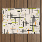  Mid-Century Modern Kinetikos Pattern in Cream, Black, Lime Green, and Orange Outdoor Rug Gallery Image 1