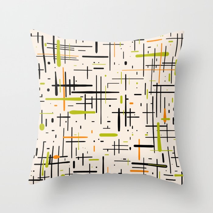  Mid-Century Modern Kinetikos Pattern in Cream, Black, Lime Green, and Orange Throw Pillow Gallery Image 6
