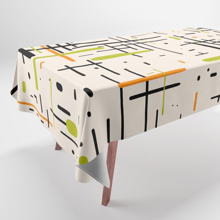 Mid-Century Modern Kinetikos Pattern in Cream, Black, Lime Green, and Orange Tablecloth Gallery Image 1