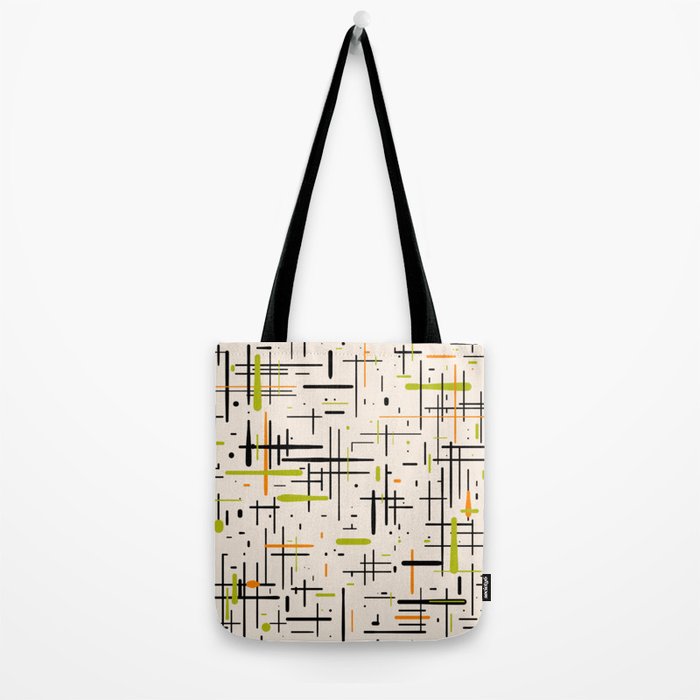  Mid-Century Modern Kinetikos Pattern in Cream, Black, Lime Green, and Orange Tote Bag Gallery Image 2