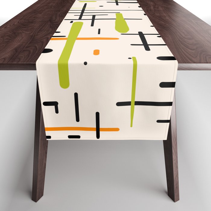  Mid-Century Modern Kinetikos Pattern in Cream, Black, Lime Green, and Orange Table Runner Gallery Image 1