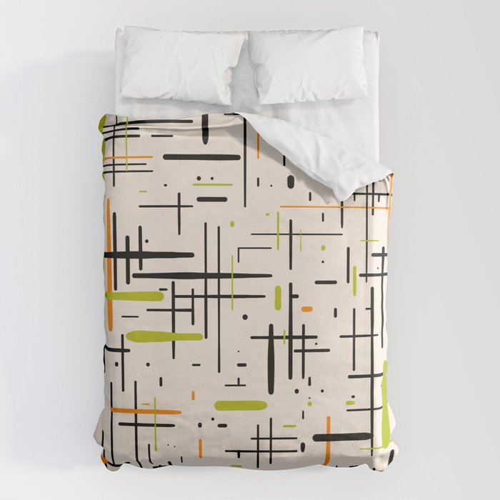  Mid-Century Modern Kinetikos Pattern in Cream, Black, Lime Green, and Orange Duvet Cover Gallery Image 6