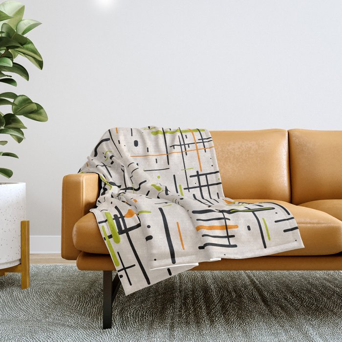  Mid-Century Modern Kinetikos Pattern in Cream, Black, Lime Green, and Orange Throw Blanket Gallery Image 1