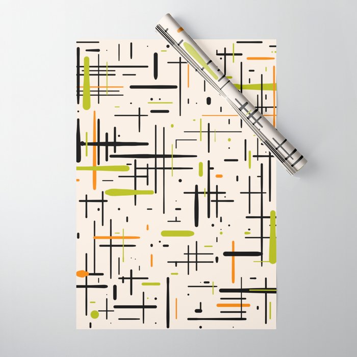  Mid-Century Modern Kinetikos Pattern in Cream, Black, Lime Green, and Orange Wrapping Paper Gallery Image 1