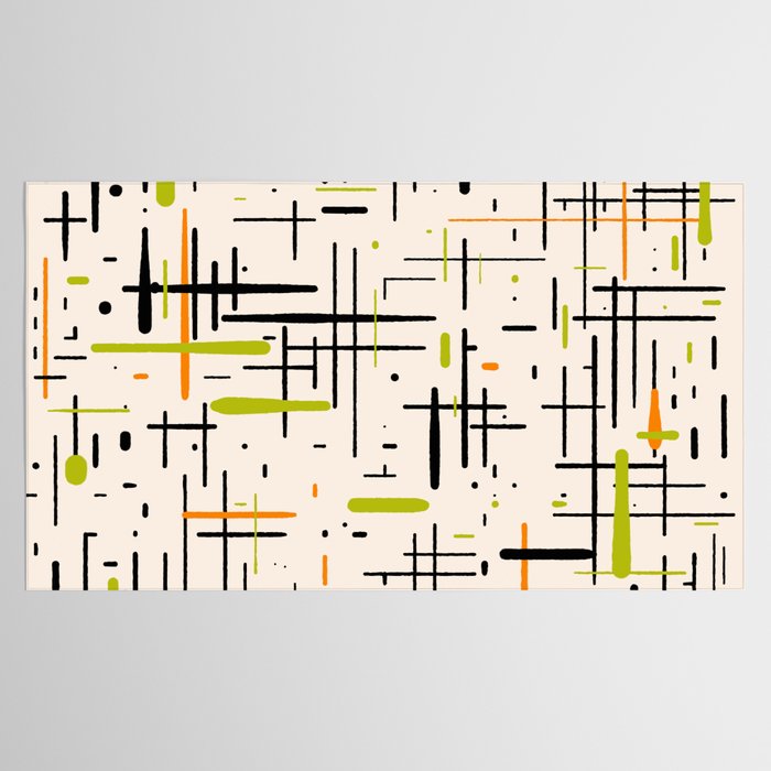  Mid-Century Modern Kinetikos Pattern in Cream, Black, Lime Green, and Orange Tablecloth Gallery Image 2