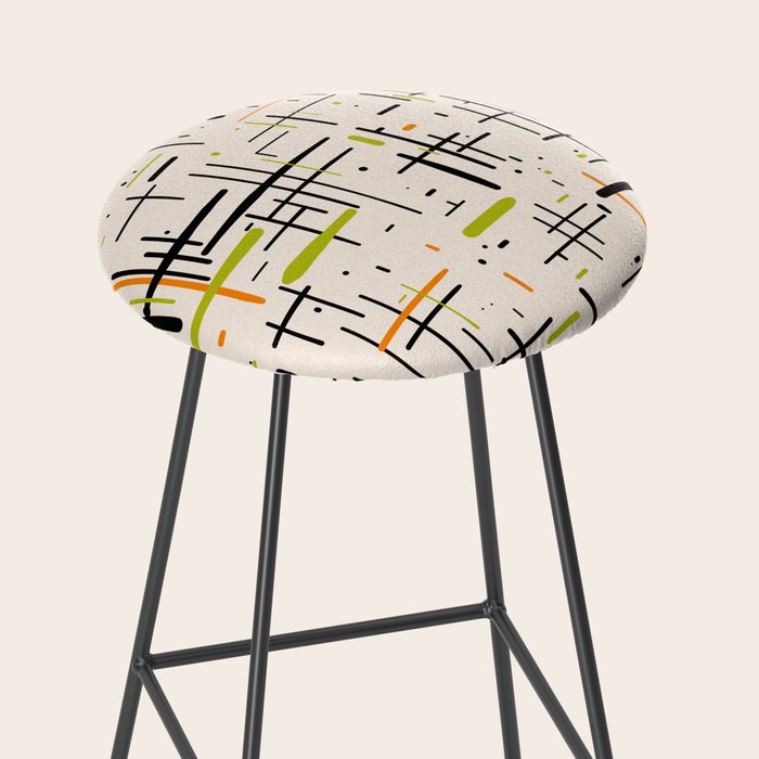  Mid-Century Modern Kinetikos Pattern in Cream, Black, Lime Green, and Orange Stool Gallery Image 2
