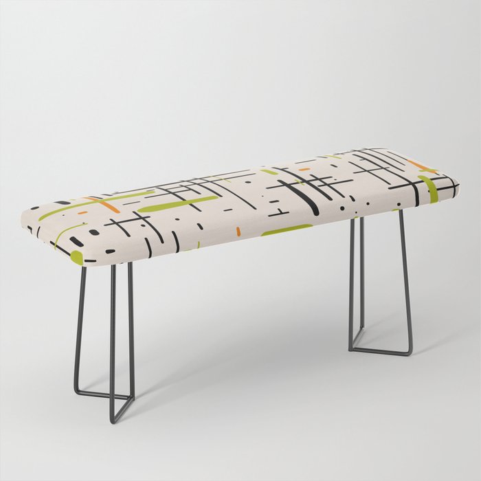  Mid-Century Modern Kinetikos Pattern in Cream, Black, Lime Green, and Orange Bench Gallery Image 1