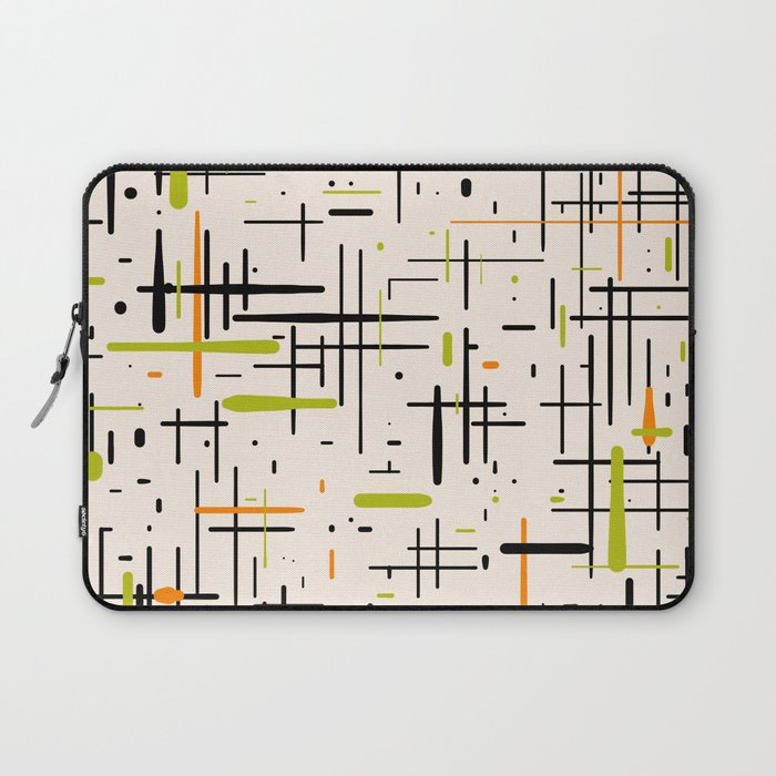  Mid-Century Modern Kinetikos Pattern in Cream, Black, Lime Green, and Orange Laptop Sleeve Gallery Image 1