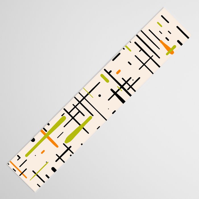  Mid-Century Modern Kinetikos Pattern in Cream, Black, Lime Green, and Orange Table Runner Gallery Image 3